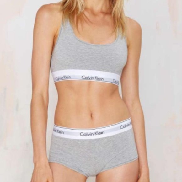 Calvin Klein Cotton Bralette and Boyshort Set in Heather Gray - Picture 2 of 3